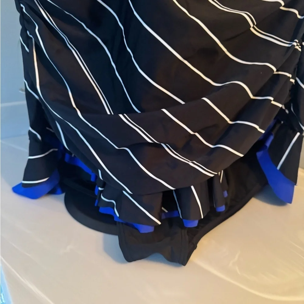 NWT MAZU Swim Striped Black and Blue Swimsuit with skirt US 24W